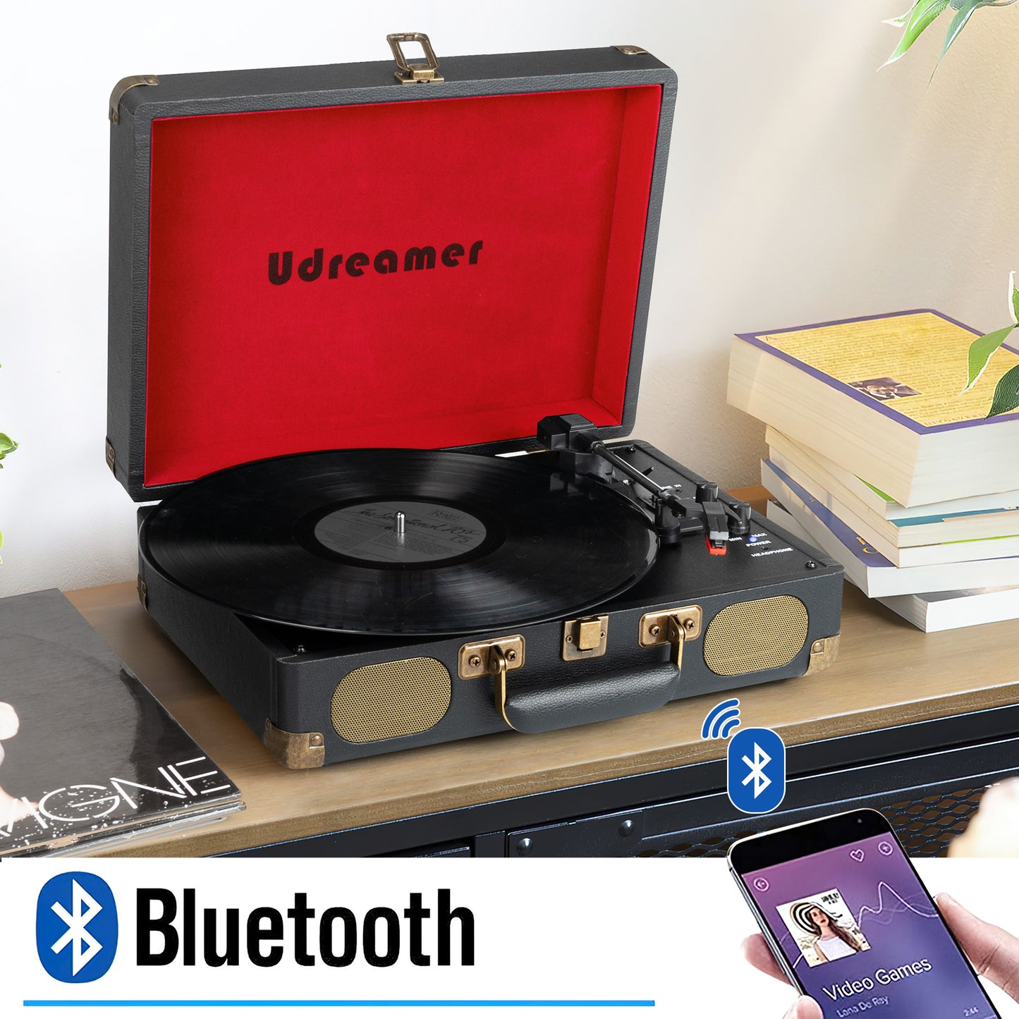 Udreamer Vinyl Record Player with 3-speed Turntable & Built-in Speakers Portable Suitcase-Audio Turntables | Black/Red