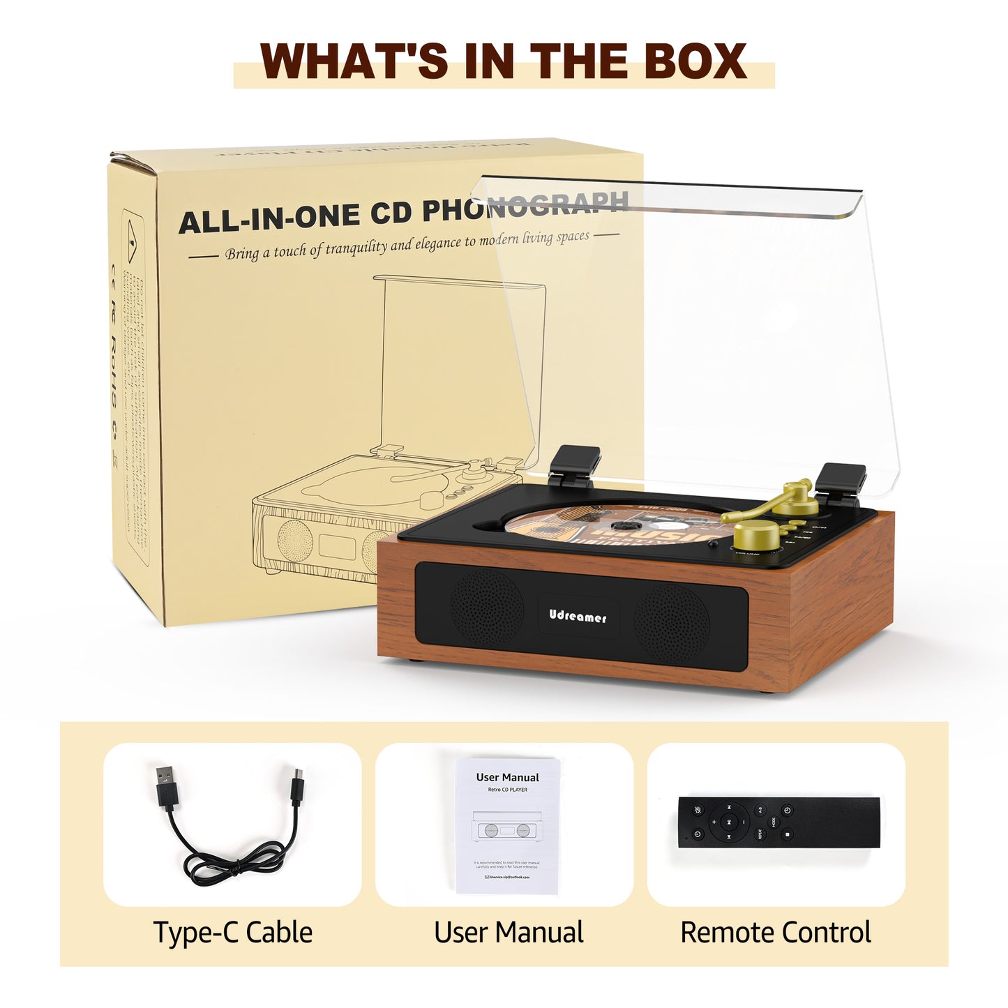 Udreamer CD Players for Home,Portable CD Boombox, Digital Portable CD Player with Bluetooth Hi-Fi Stereo Sound,Remote Control, Support AUX/USB, Headphone Jack, Black