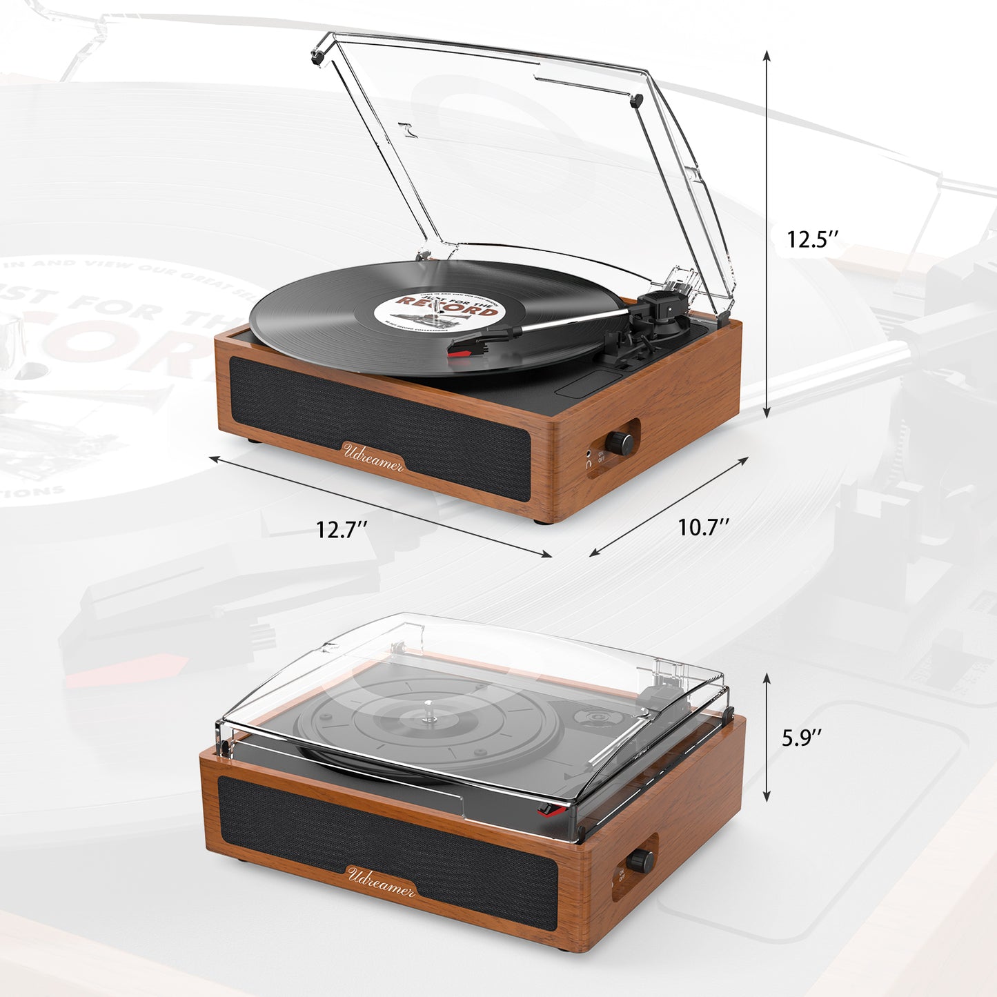 Udreamer Vinyl Record Player with Bluetooth, All In One 3-Speed Vintage Audio Turntables,Yellow