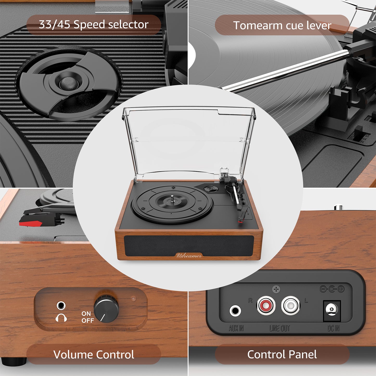 Udreamer Vinyl Record Player with Bluetooth, All In One 3-Speed Vintage Audio Turntables,Yellow