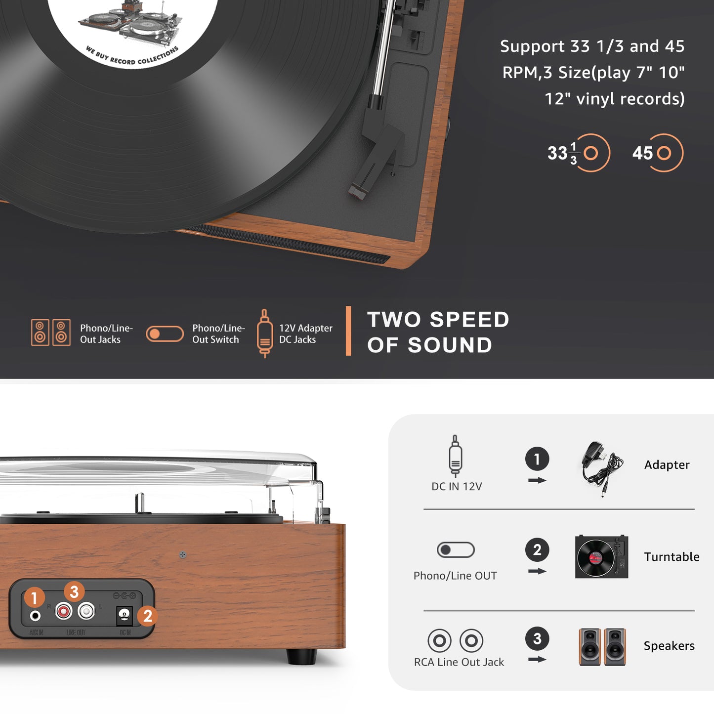 Udreamer Vinyl Record Player with Bluetooth, All In One 3-Speed Vintage Audio Turntables,Yellow