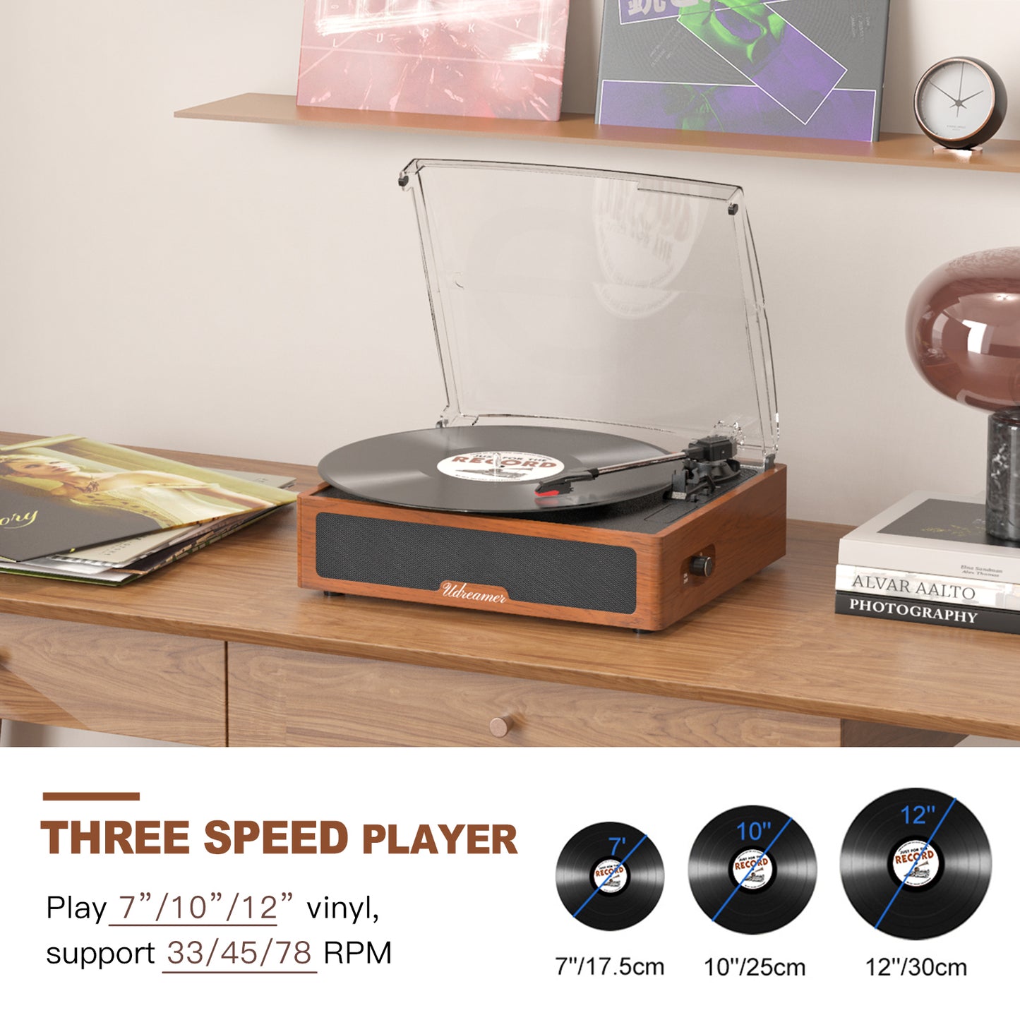 Udreamer Vinyl Record Player with Bluetooth, All In One 3-Speed Vintage Audio Turntables,Yellow