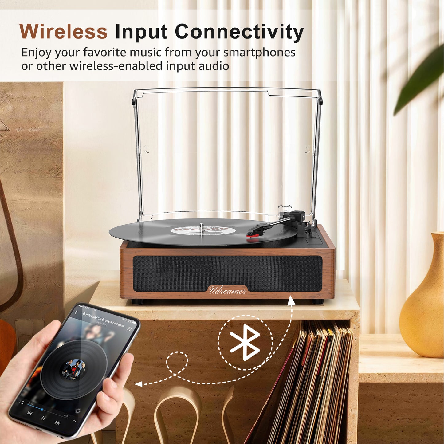 Udreamer Vinyl Record Player with Bluetooth, All In One 3-Speed Vintage Audio Turntables,Yellow
