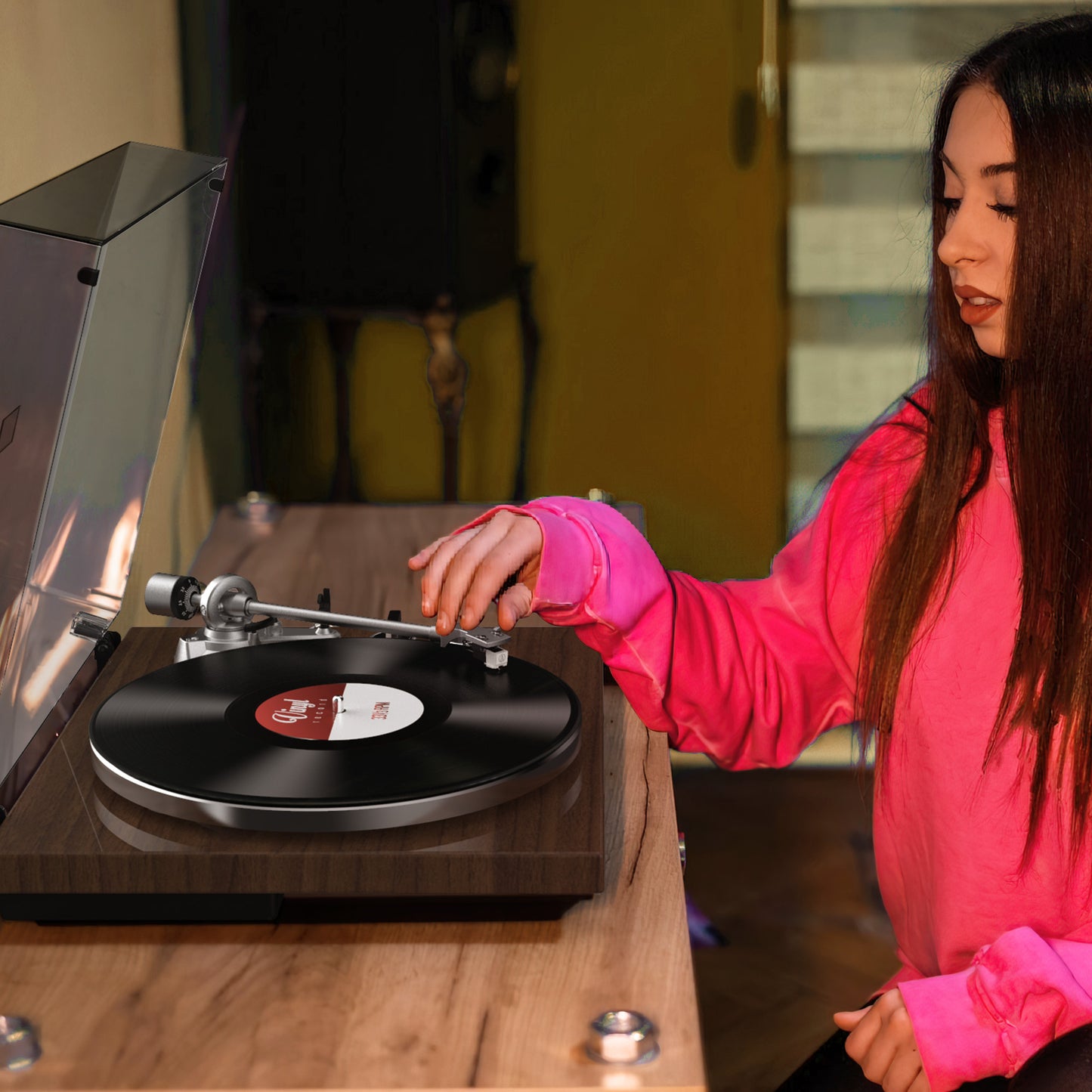 Udreamer Vinyl Record Player Turntable with Wireless Bluetooth,Vintage Audio Turntables,Supports Bluetooth, RCA Line, USB,Brown