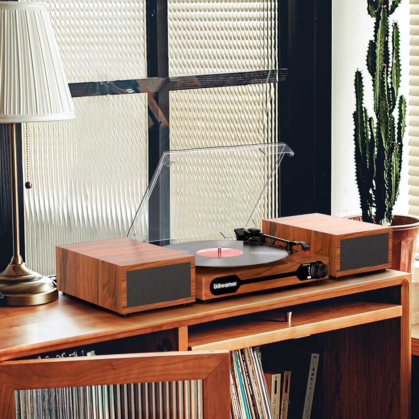 Udreamer Record Player,Vinyl Bluetooth Record player with speakers, Turntables for vinyl records, Brown,Lights Logo