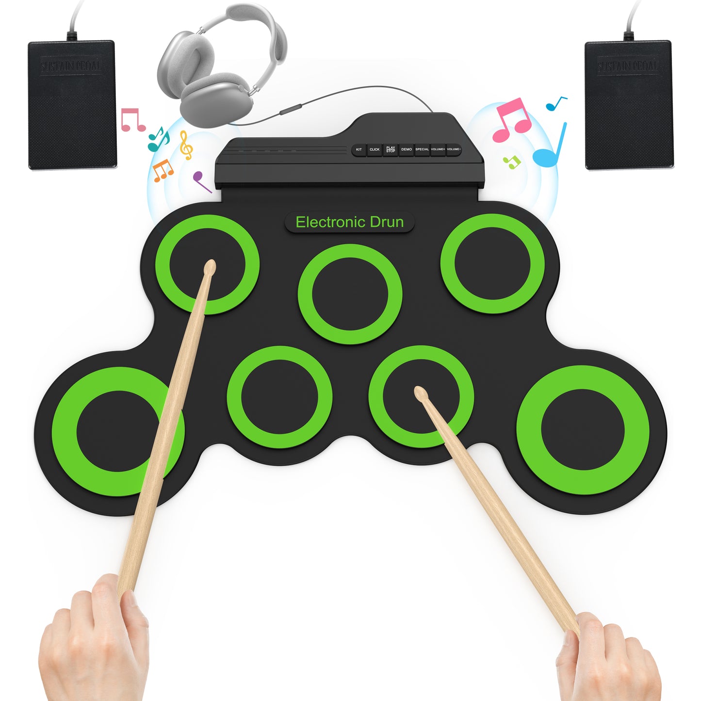 Udreamer Electronic Drum Set, 7-Pad Bluetooth Portable Electronic Drum Kit, Roll-Up Drum,Christmas Holiday Birthday Gift,Rainbow