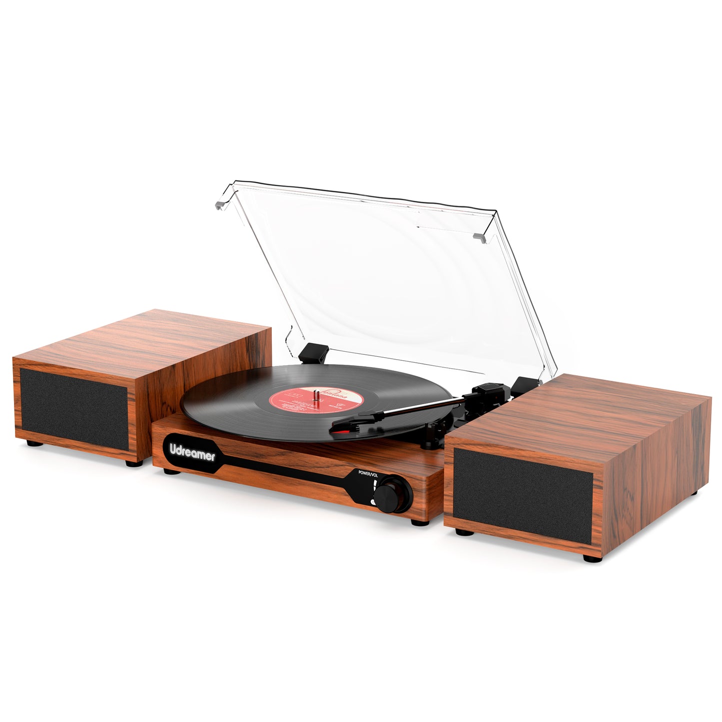 Udreamer Record Player,Vinyl Bluetooth Record player with speakers, Turntables for vinyl records, Brown,Lights Logo