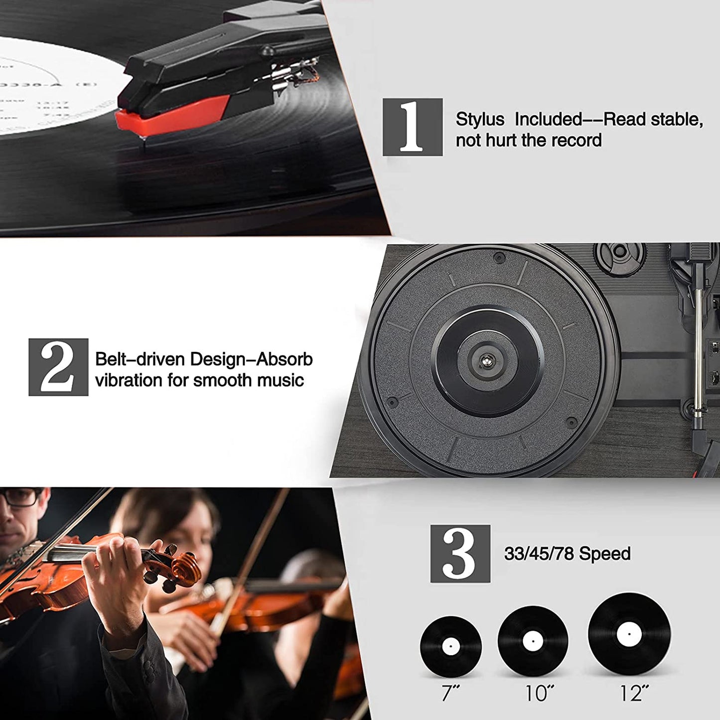 Udreamer 3-Speed Vinyl Record Player Turntable with Bluetooth, ALL in ONE Vintage Audio Turntables, Black