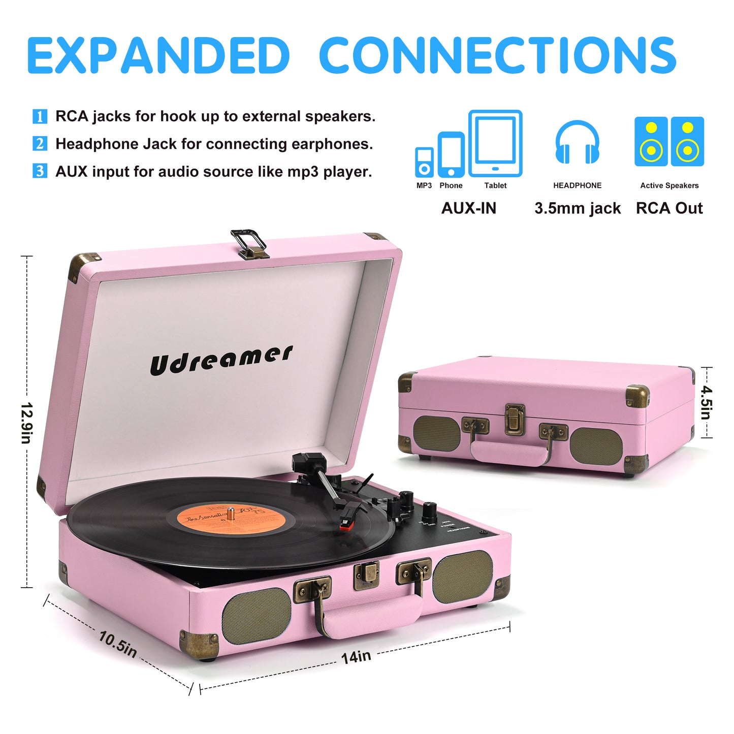 Udreamer Vinyl Record Player 3-Speed Turntable with Bluetooth,Suitcase Portable Vintage Audio Turntables,Pink