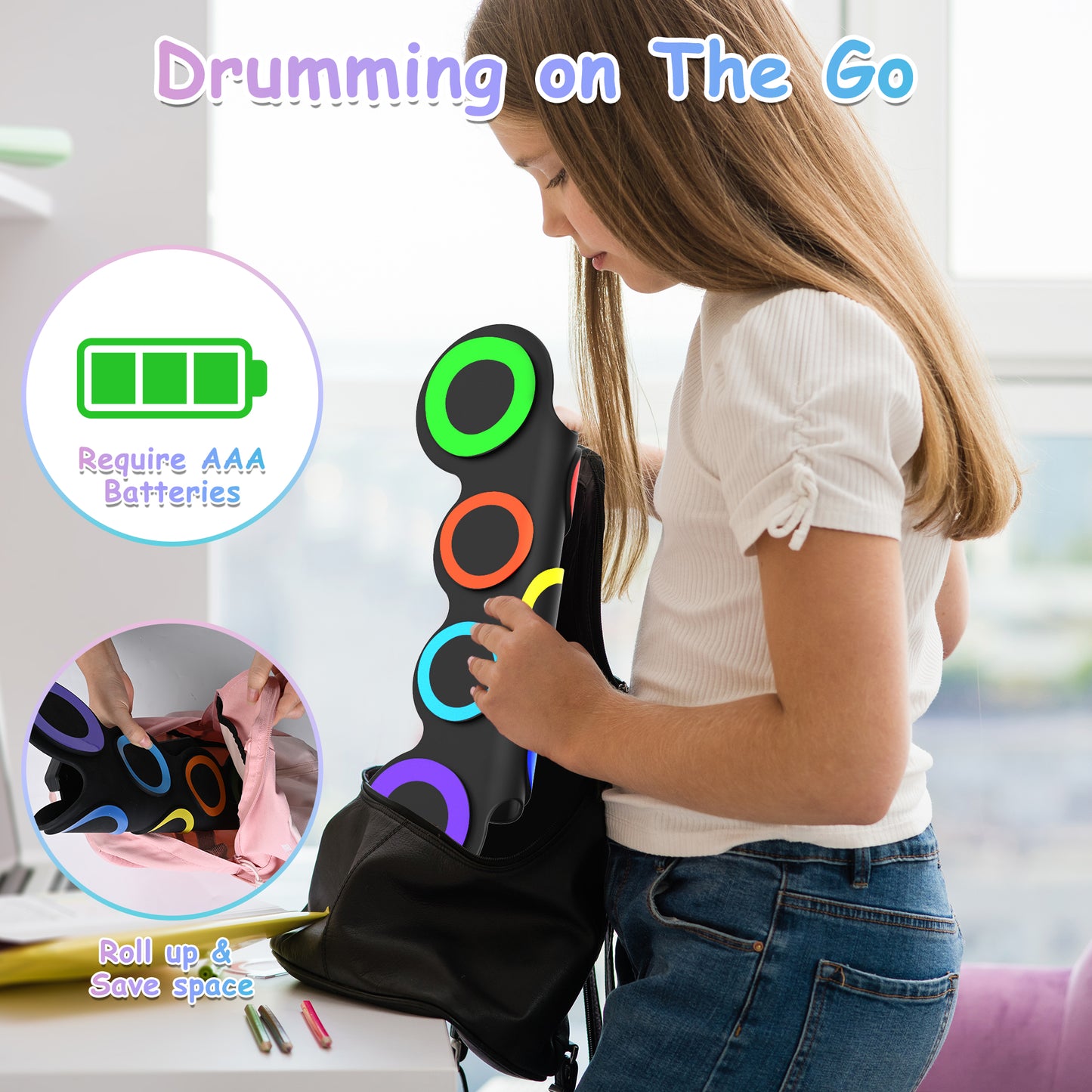 Udreamer Electronic Drum Set, 7-Pad Bluetooth Portable Electronic Drum Kit, Roll-Up Drum,Christmas Holiday Birthday Gift,Rainbow
