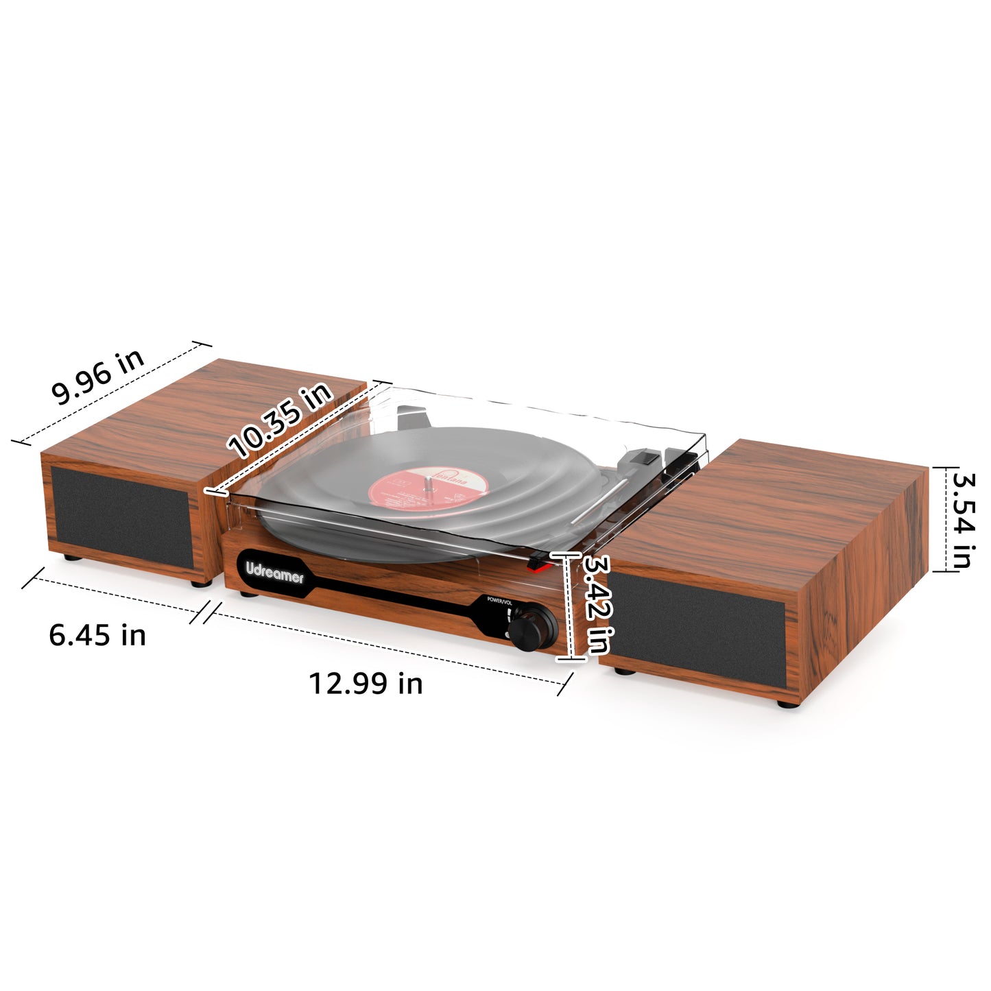 Udreamer Record Player,Vinyl Bluetooth Record player with speakers, Turntables for vinyl records, Brown,Lights Logo