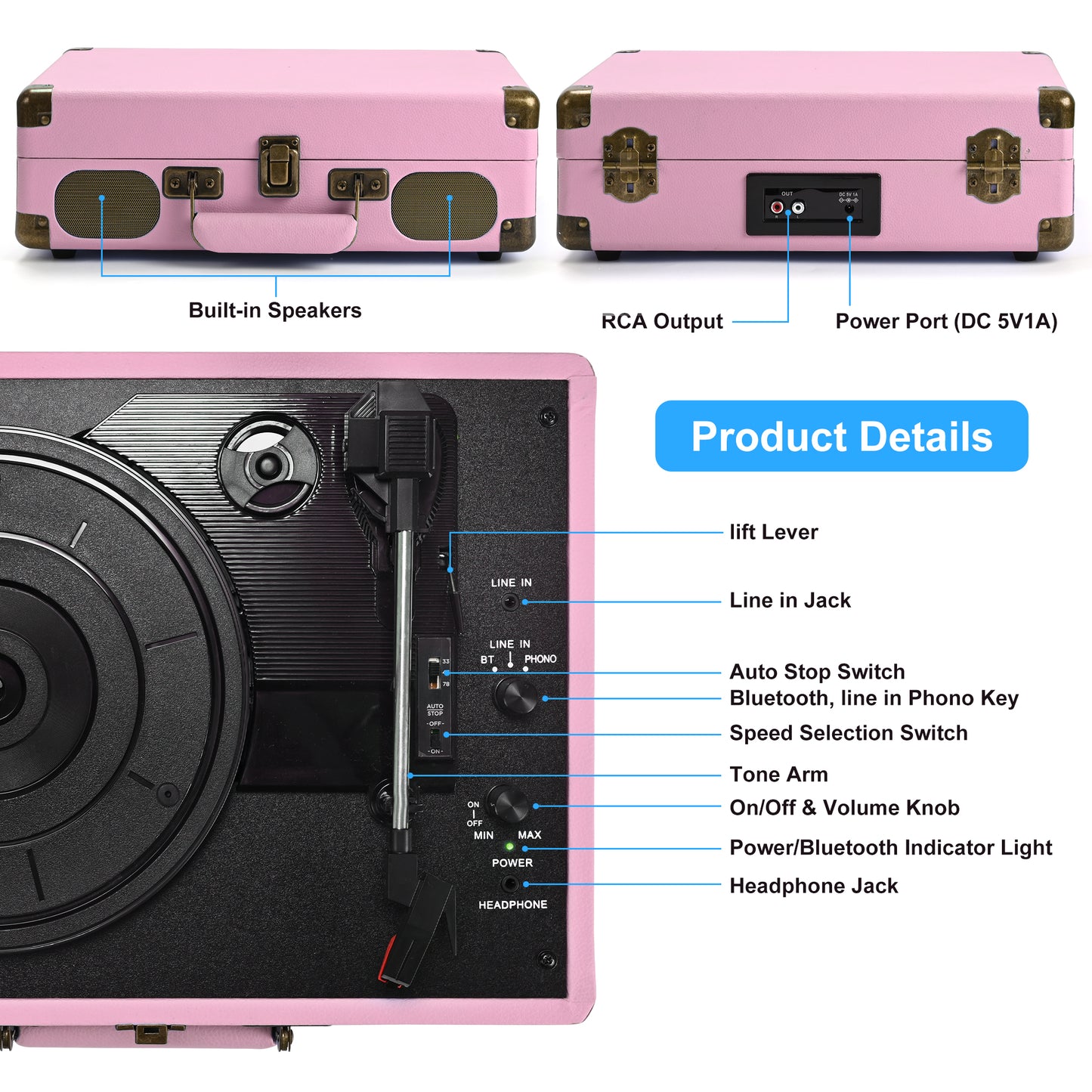 Udreamer Vinyl Record Player 3-Speed Turntable with Bluetooth,Suitcase Portable Vintage Audio Turntables,Pink