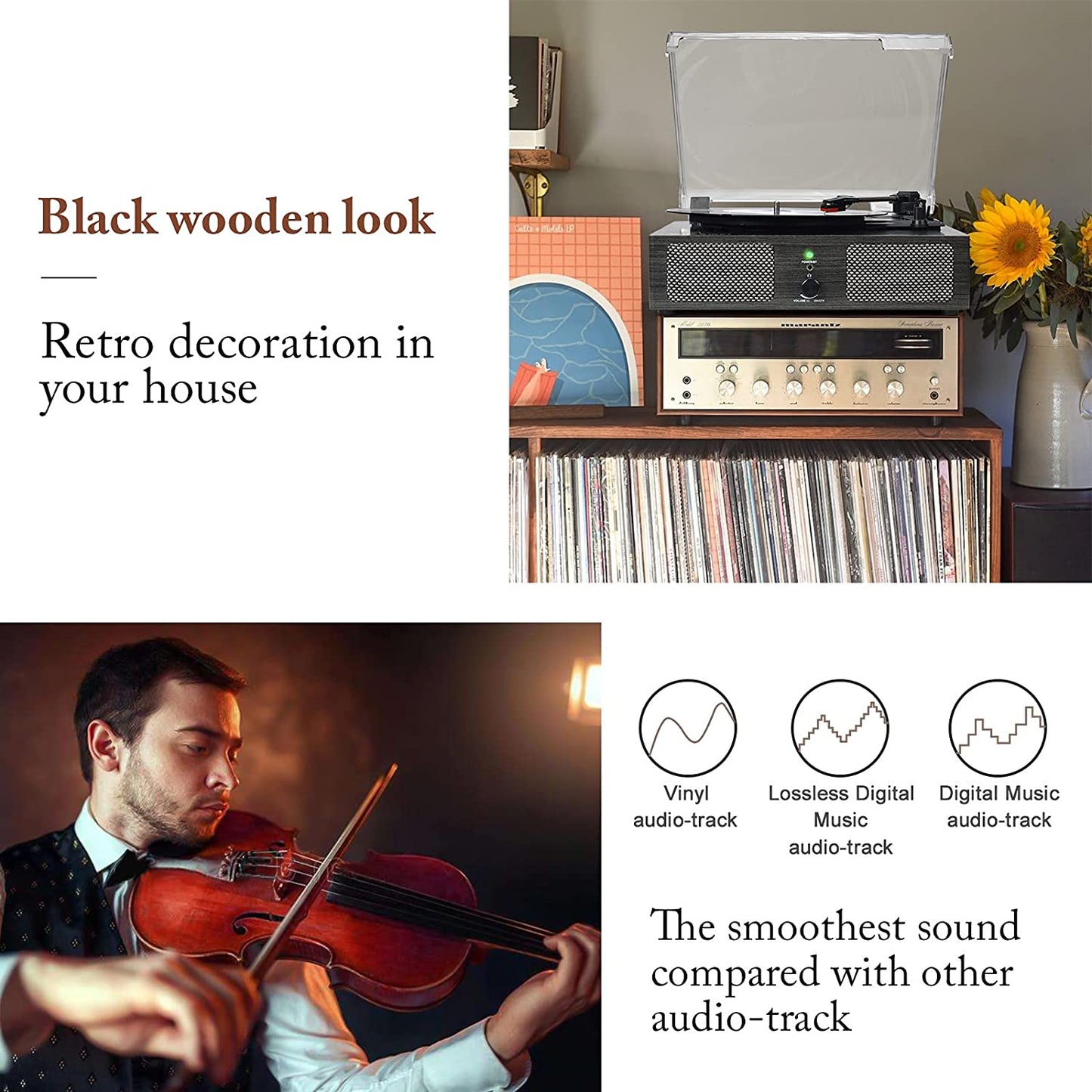 Udreamer 3-Speed Vinyl Record Player Turntable with Bluetooth, ALL in ONE Vintage Audio Turntables, Black