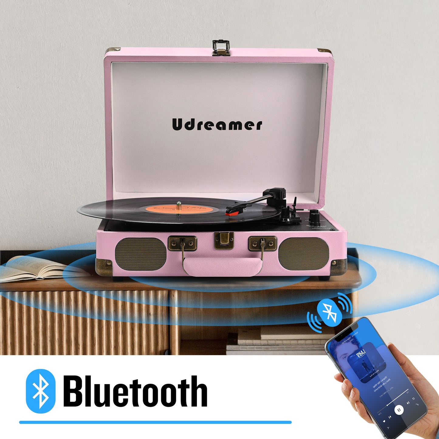 Udreamer Vinyl Record Player 3-Speed Turntable with Bluetooth,Suitcase Portable Vintage Audio Turntables,Pink