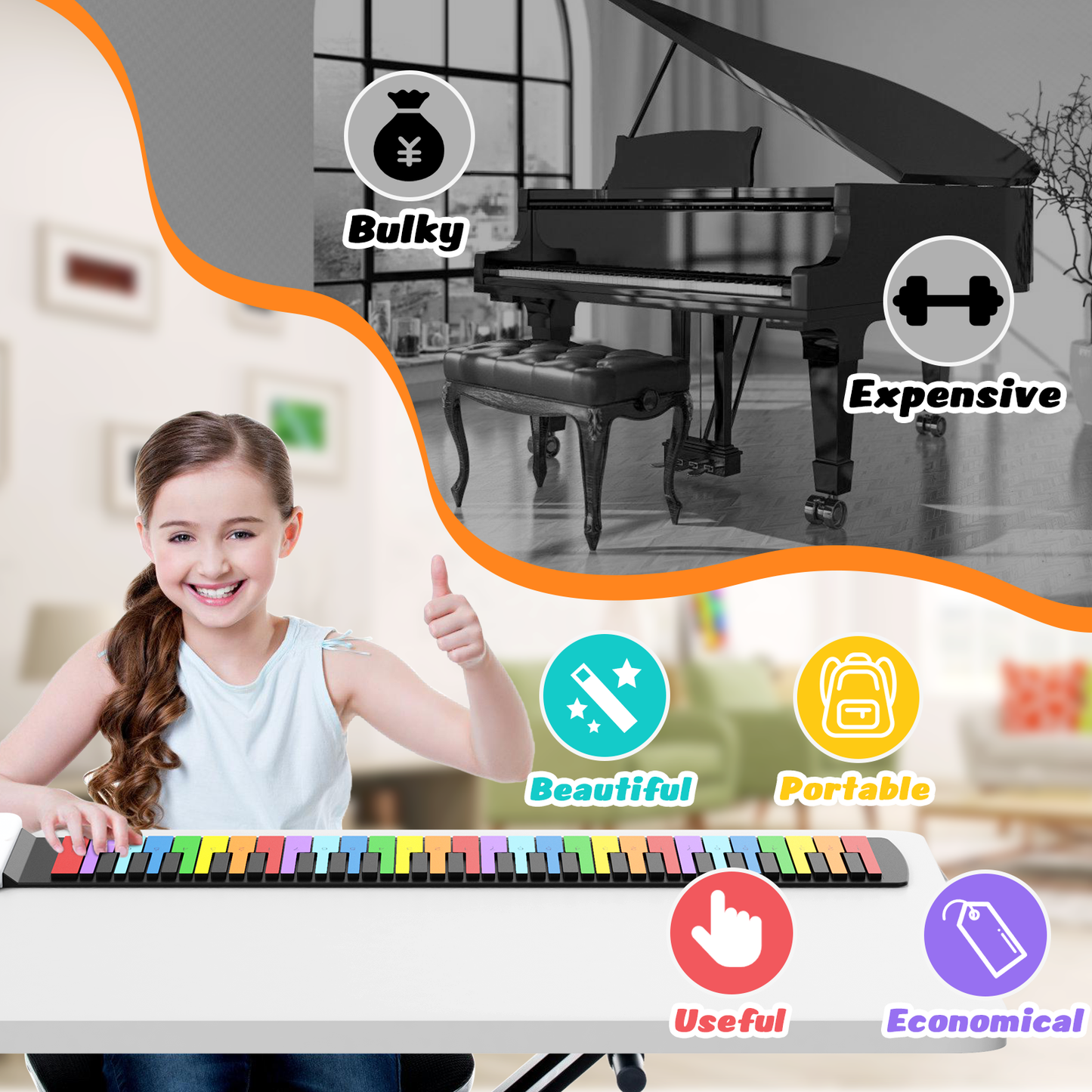49 Key Roll Up Keyboard Piano, Portable Digital Electric Foldable Piano Keyboard, Rechargeable