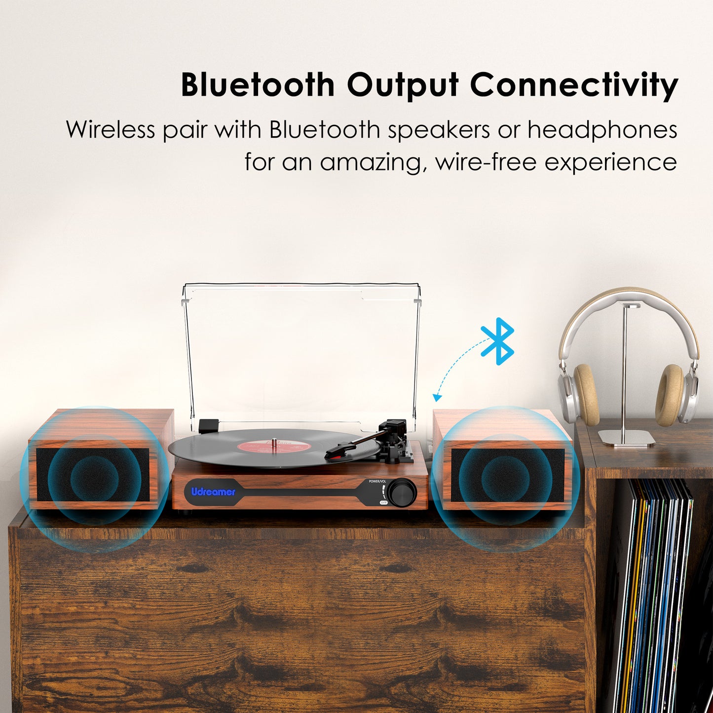 Udreamer Record Player,Vinyl Bluetooth Record player with speakers, Turntables for vinyl records, Brown,Lights Logo