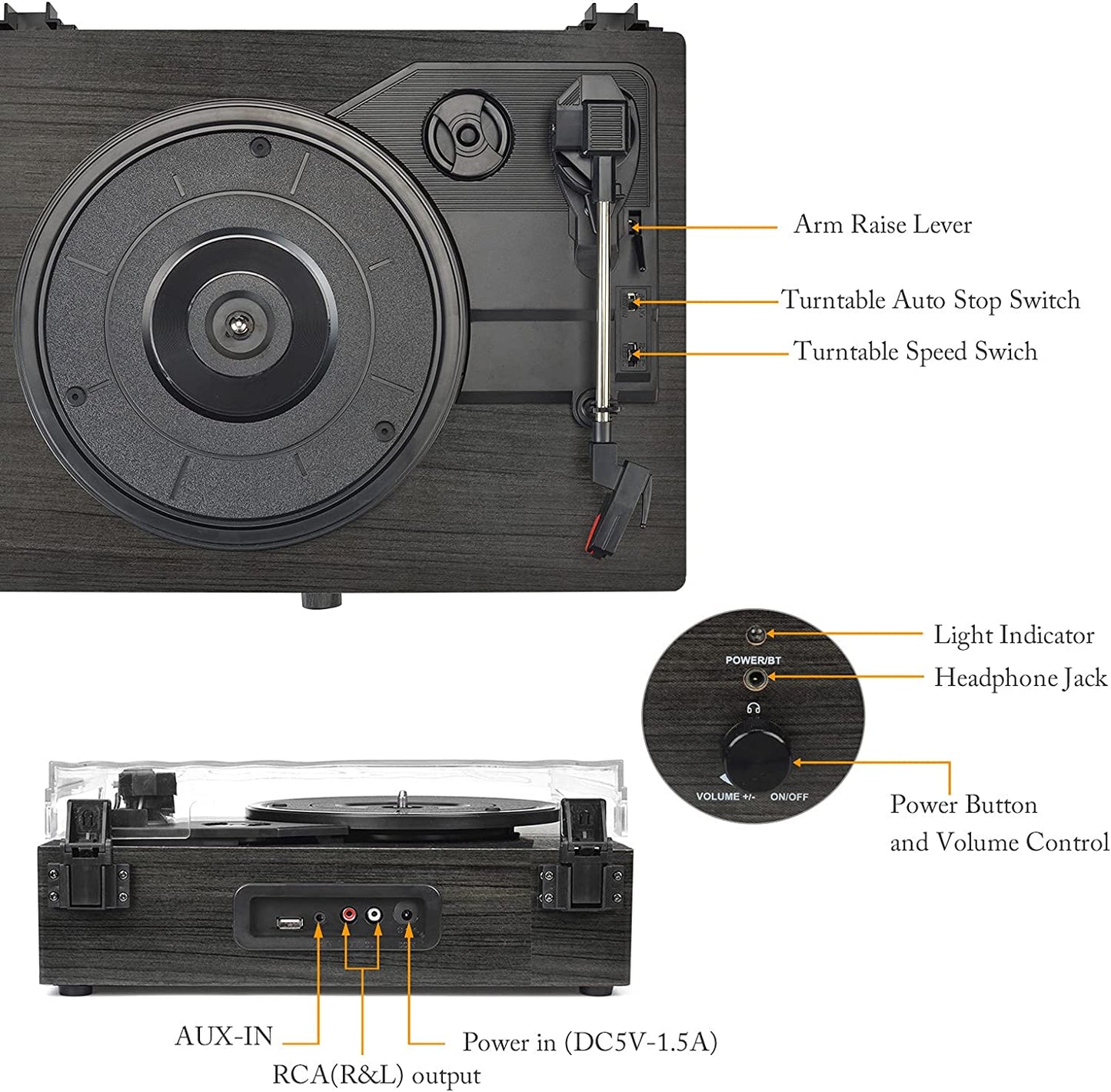Udreamer 3-Speed Vinyl Record Player Turntable with Bluetooth, ALL in ONE Vintage Audio Turntables, Black