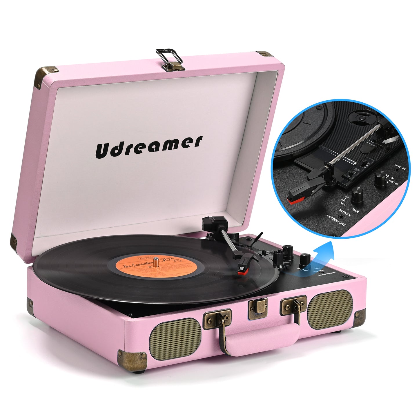 Udreamer Vinyl Record Player 3-Speed Turntable with Bluetooth,Suitcase Portable Vintage Audio Turntables,Pink