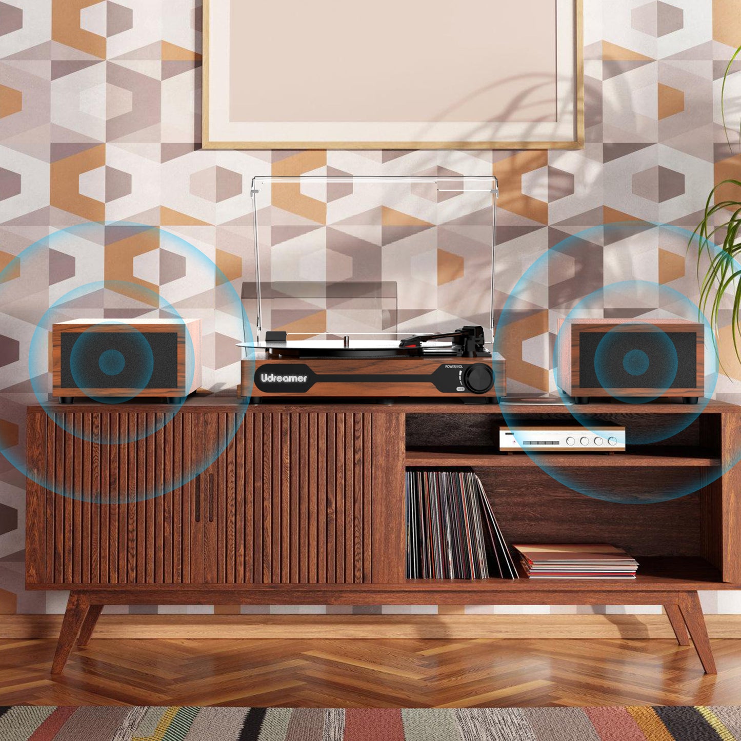 Udreamer Record Player,Vinyl Bluetooth Record player with speakers, Turntables for vinyl records, Brown,Lights Logo
