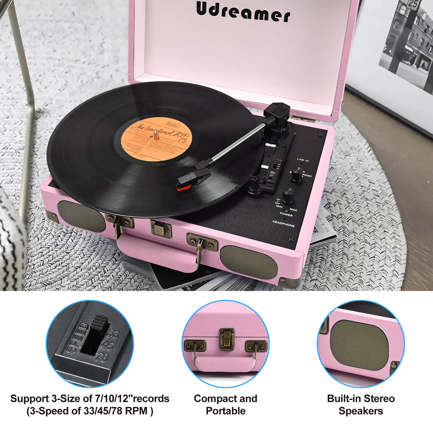 Udreamer Vinyl Record Player 3-Speed Turntable with Bluetooth,Suitcase Portable Vintage Audio Turntables,Pink