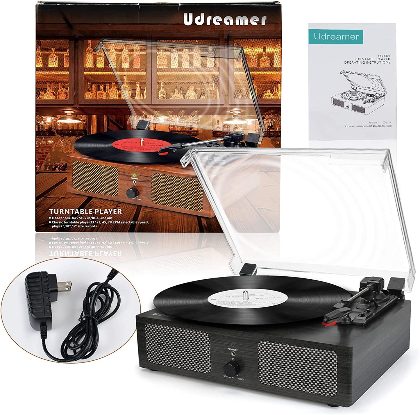 Udreamer 3-Speed Vinyl Record Player Turntable with Bluetooth, ALL in ONE Vintage Audio Turntables, Black