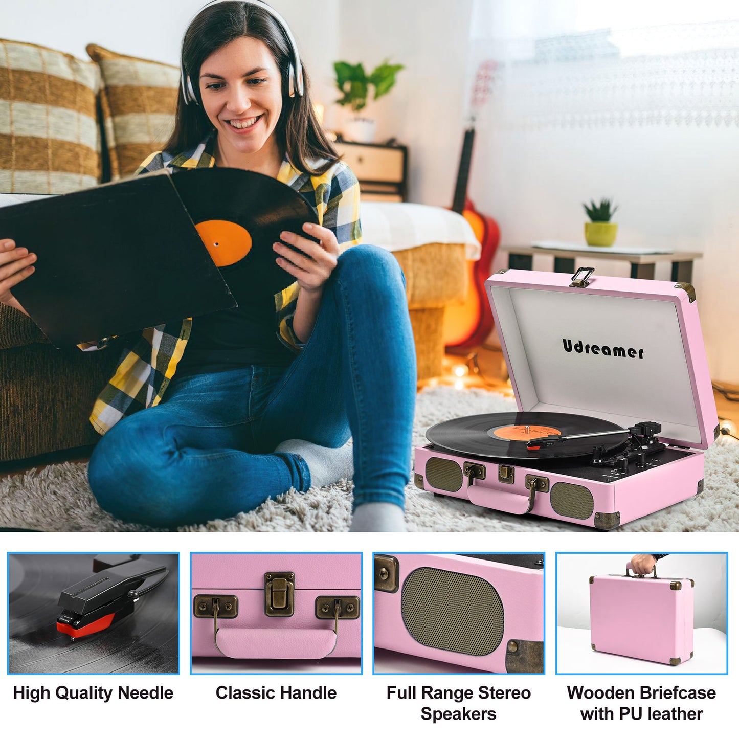 Udreamer Vinyl Record Player 3-Speed Turntable with Bluetooth,Suitcase Portable Vintage Audio Turntables,Pink