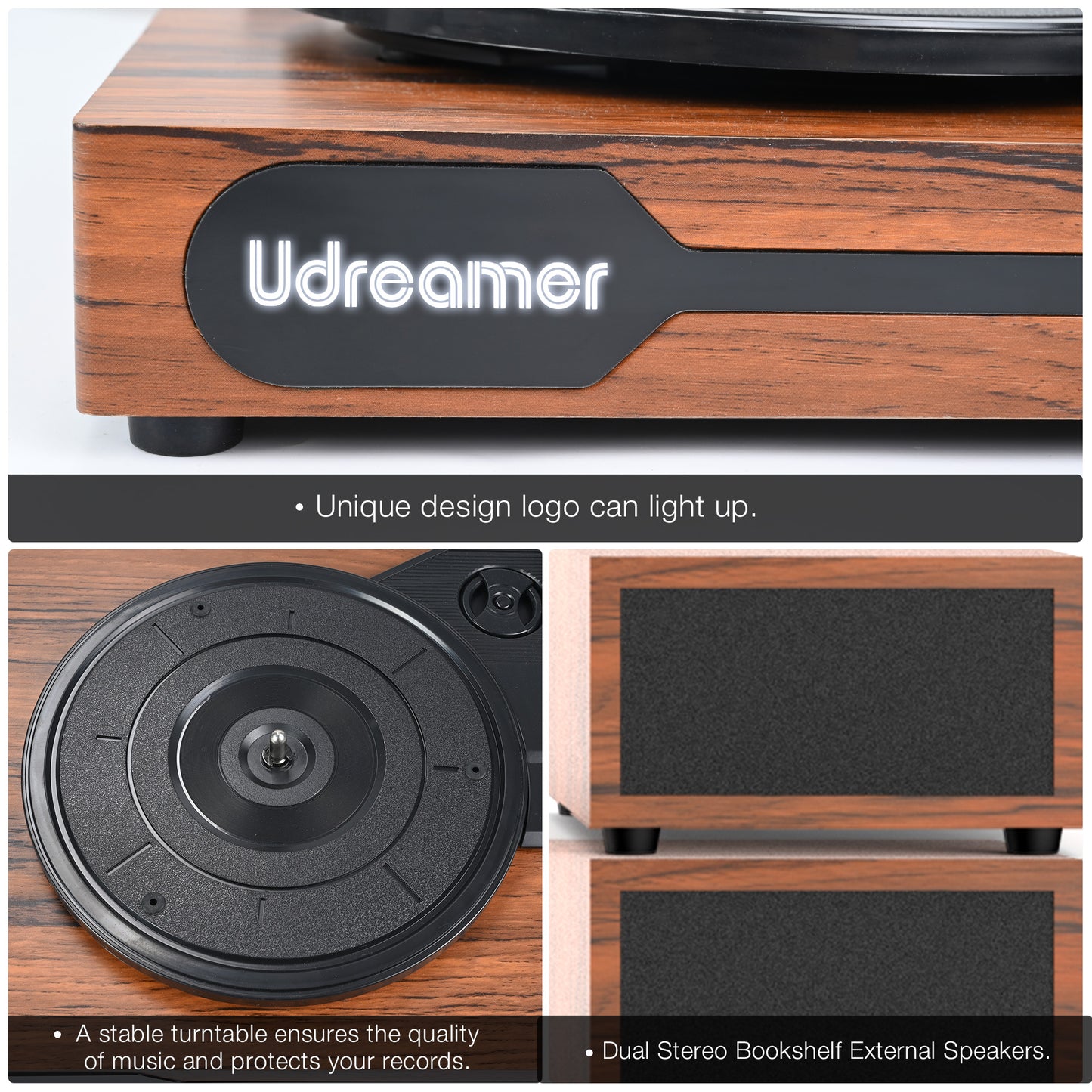 Udreamer Record Player,Vinyl Bluetooth Record player with speakers, Turntables for vinyl records, Brown,Lights Logo