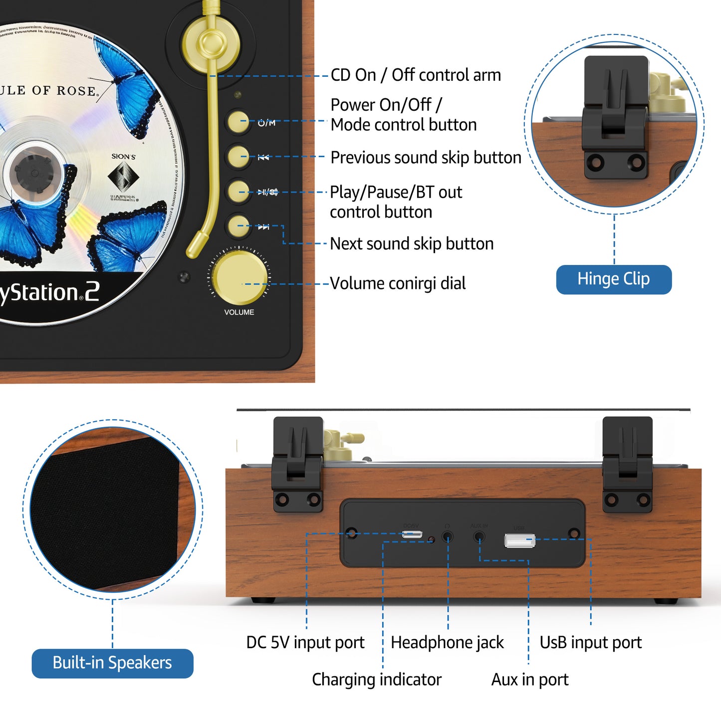 Udreamer Portable CD Players for Home, with Bluetooth &Hi-Fi Stereo Speakers,Remote Control | Black