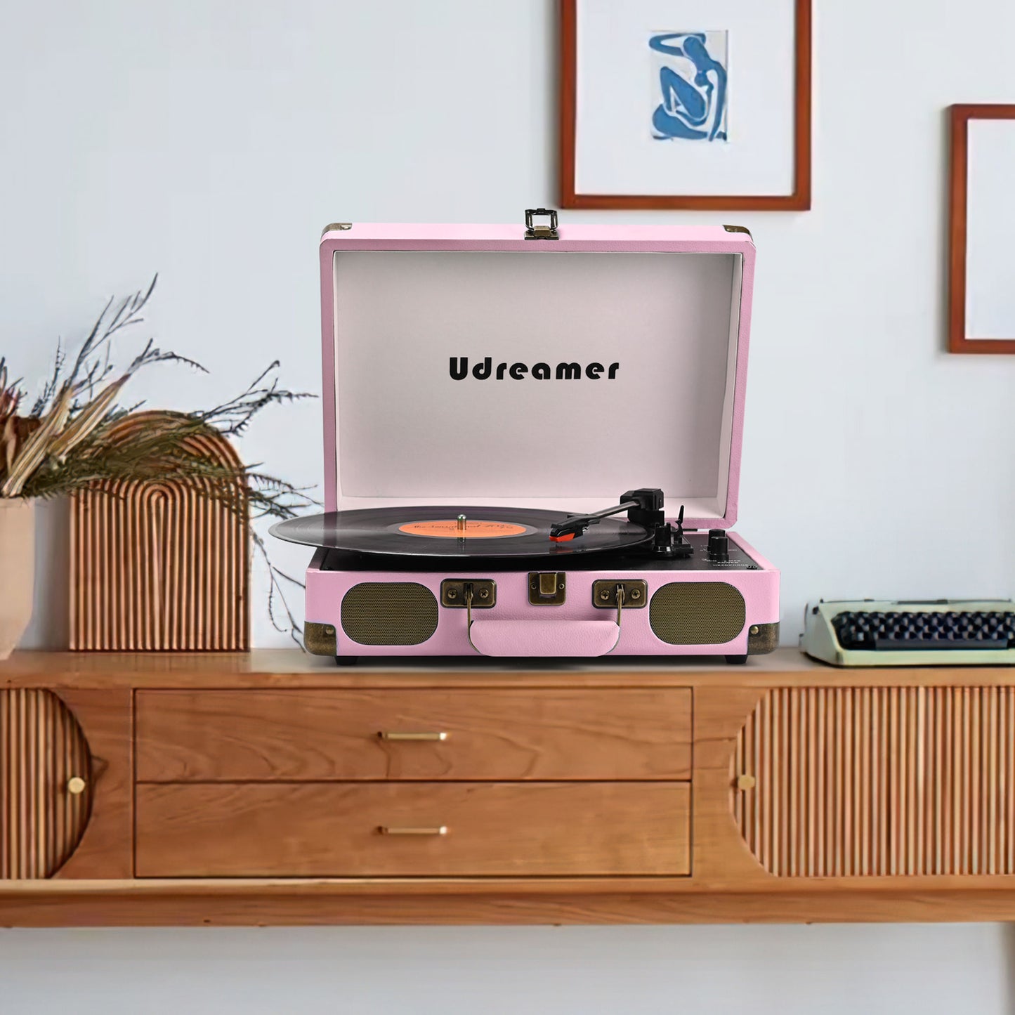 Udreamer Vinyl Record Player 3-Speed Turntable with Bluetooth,Suitcase Portable Vintage Audio Turntables,Pink