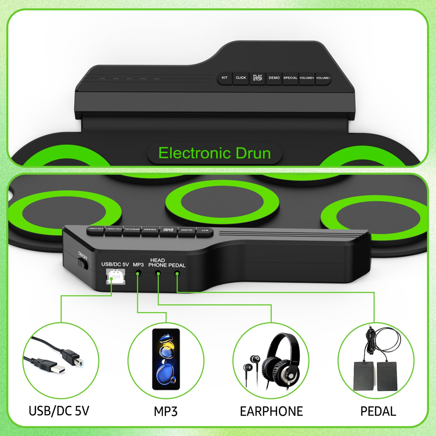 Udreamer Electronic Drum Set, 7-Pad Bluetooth Portable Electronic Drum Kit, Roll-Up Drum,Christmas Holiday Birthday Gift,Rainbow