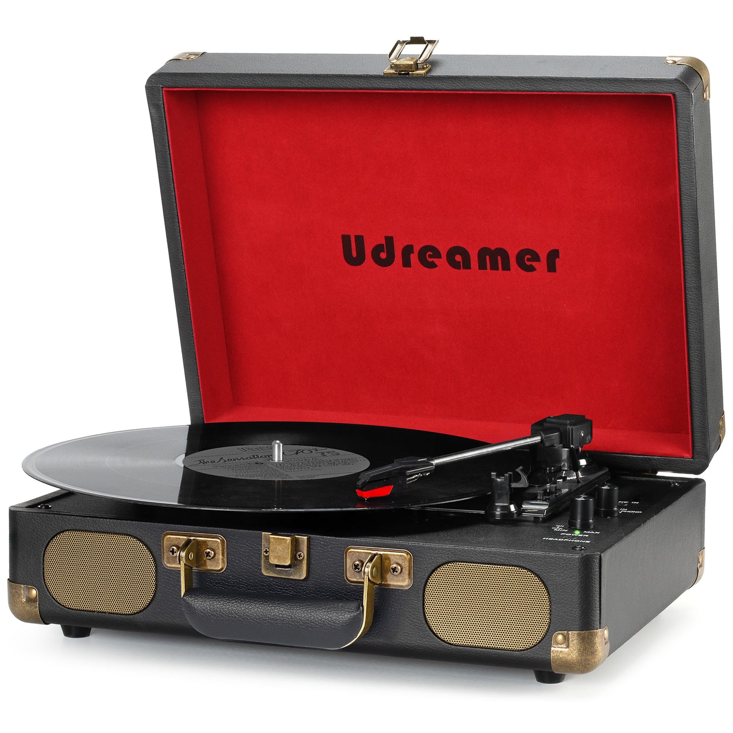Udreamer Vinyl Record Player with 3-speed Turntable & Built-in Speakers Portable Suitcase-Audio Turntables | Black/Red