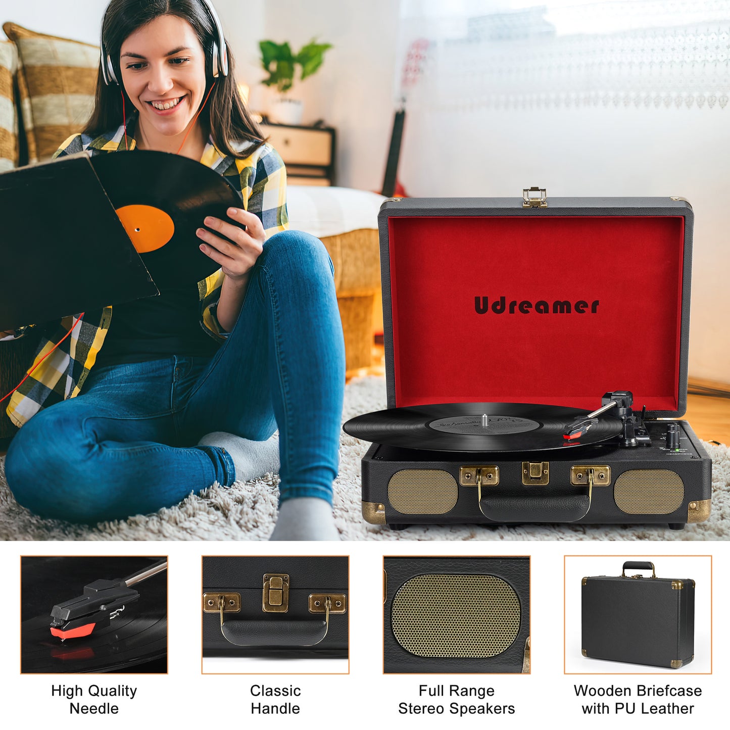 Udreamer Vinyl Record Player with 3-speed Turntable & Built-in Speakers Portable Suitcase-Audio Turntables | Black/Red
