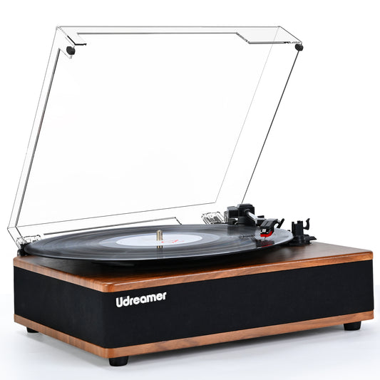 Udreamer Vinyl Record Player with Bluetooth, All In One 3-Speed Vintage Audio Turntables,Brown