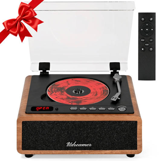Udreamer Retro CD Player, Vintage CD Players for Home | HiFi Bass Boost & FM Radio with Remote Control,Sleep Timer,USB/AUX IN,Brown
