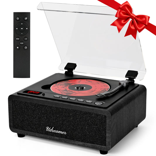 Udreamer Retro CD Player, Wood Vintage CD Players for Home | HiFi Bass Boost & FM Radio with Remote Control,Sleep Timer,USB/AUX IN,Black