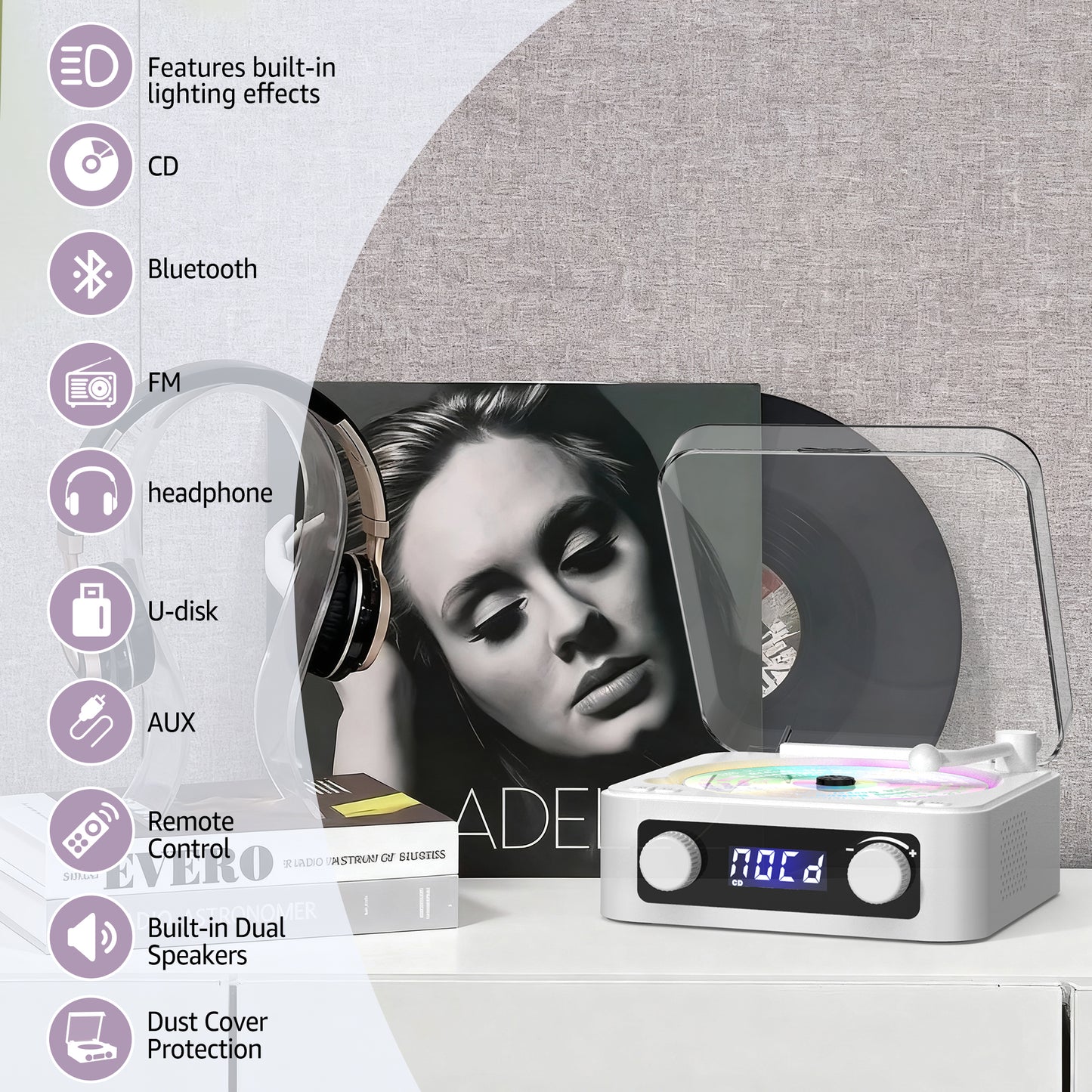 Udreamer CD Players for Home,Digital Portable CD Player with Bluetooth Hi-Fi Stereo Sound,Remote Control, Support AUX/USB, Headphone Jack,Lighting