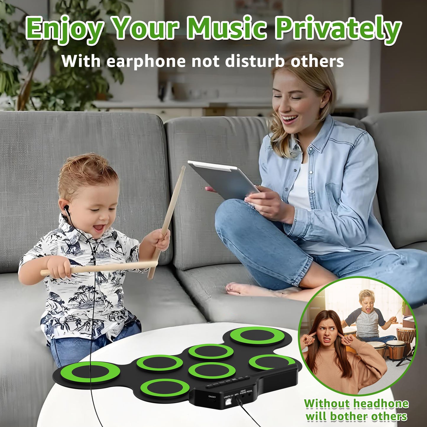 Udreamer Electronic Drum Set, 7-Pad Bluetooth Portable Electronic Drum Kit, Roll-Up Drum,Christmas Holiday Birthday Gift，Rainbow