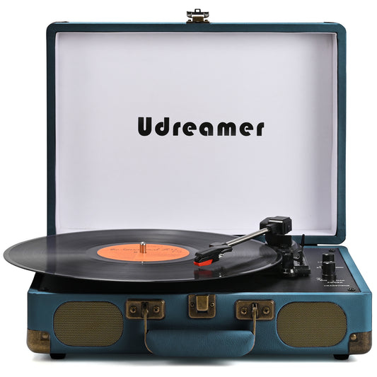 Udreamer Vinyl Record Player 3-Speed Turntable with Bluetooth,Suitcase Portable Vintage Audio Turntables,Blue