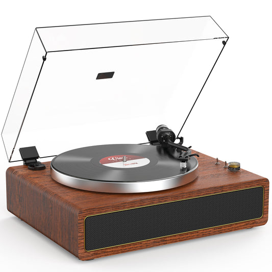 Udreamer Vinyl Record Player with Bluetooth Wireless, 2-Speed All In ONE Vintage Audio Turntable with Built-in Speakers,Brown