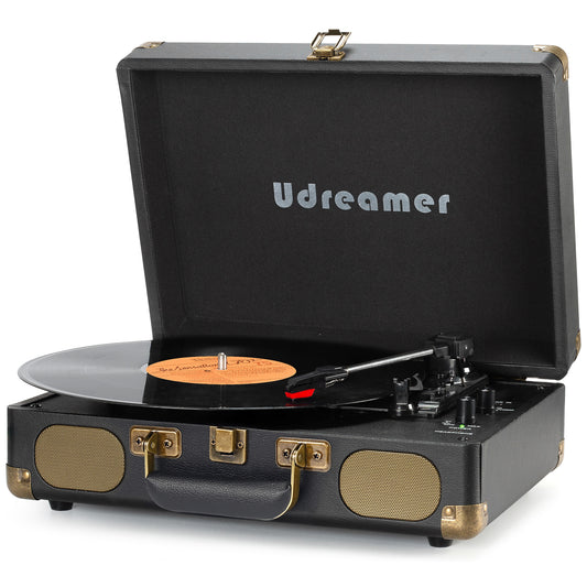 Udreamer Vinyl Record Player Turntable with Bluetooth,3-Speed Portable Vintage Audio Turntables,Black