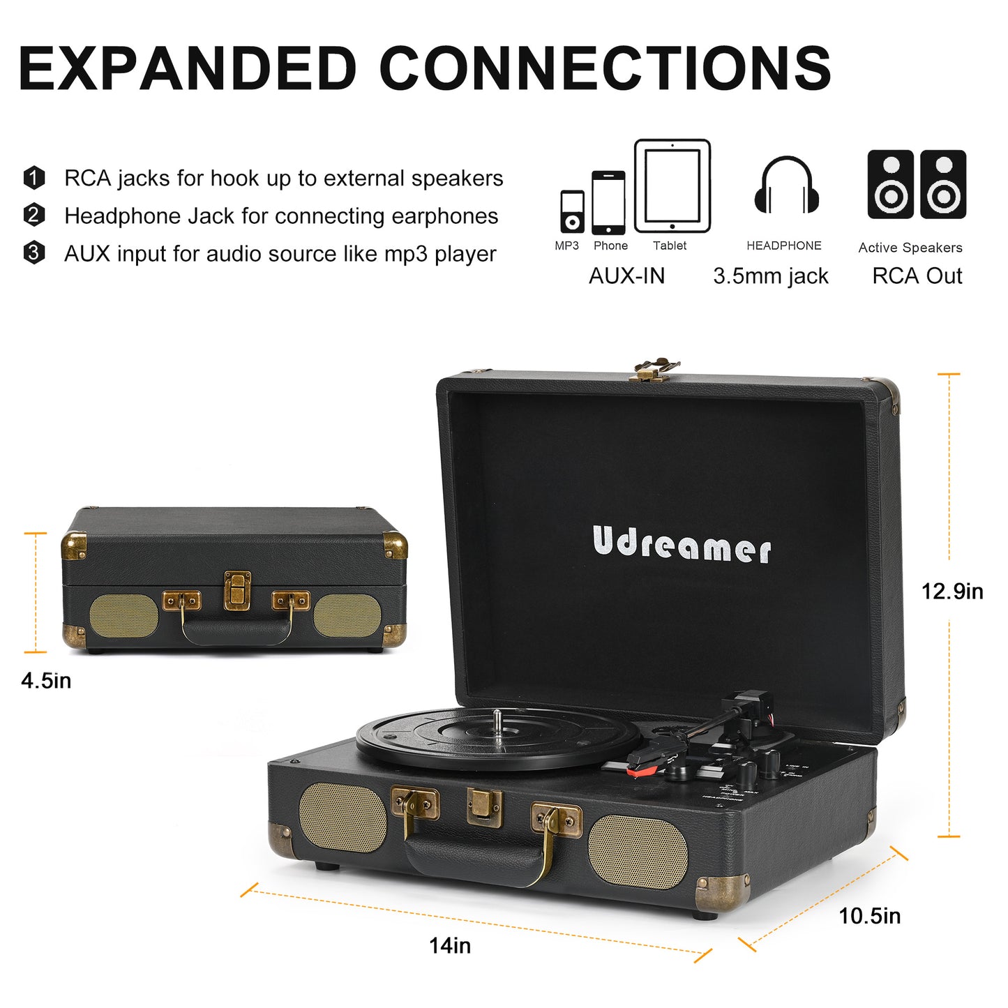 Udreamer Vinyl Record Player Turntable with Bluetooth,3-Speed Portable Vintage Audio Turntables,Black