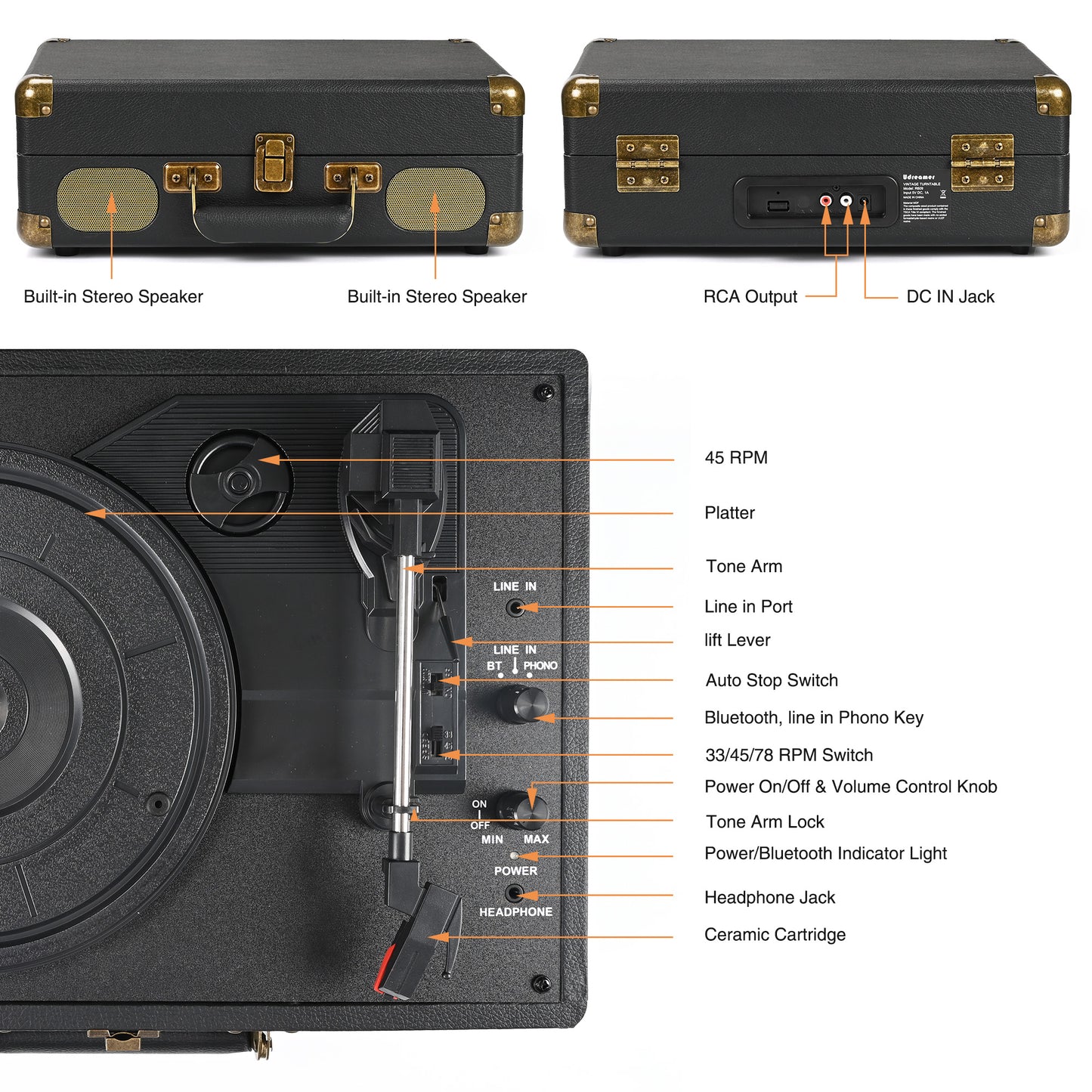 Udreamer Vinyl Record Player Turntable with Bluetooth,3-Speed Portable Vintage Audio Turntables,Black