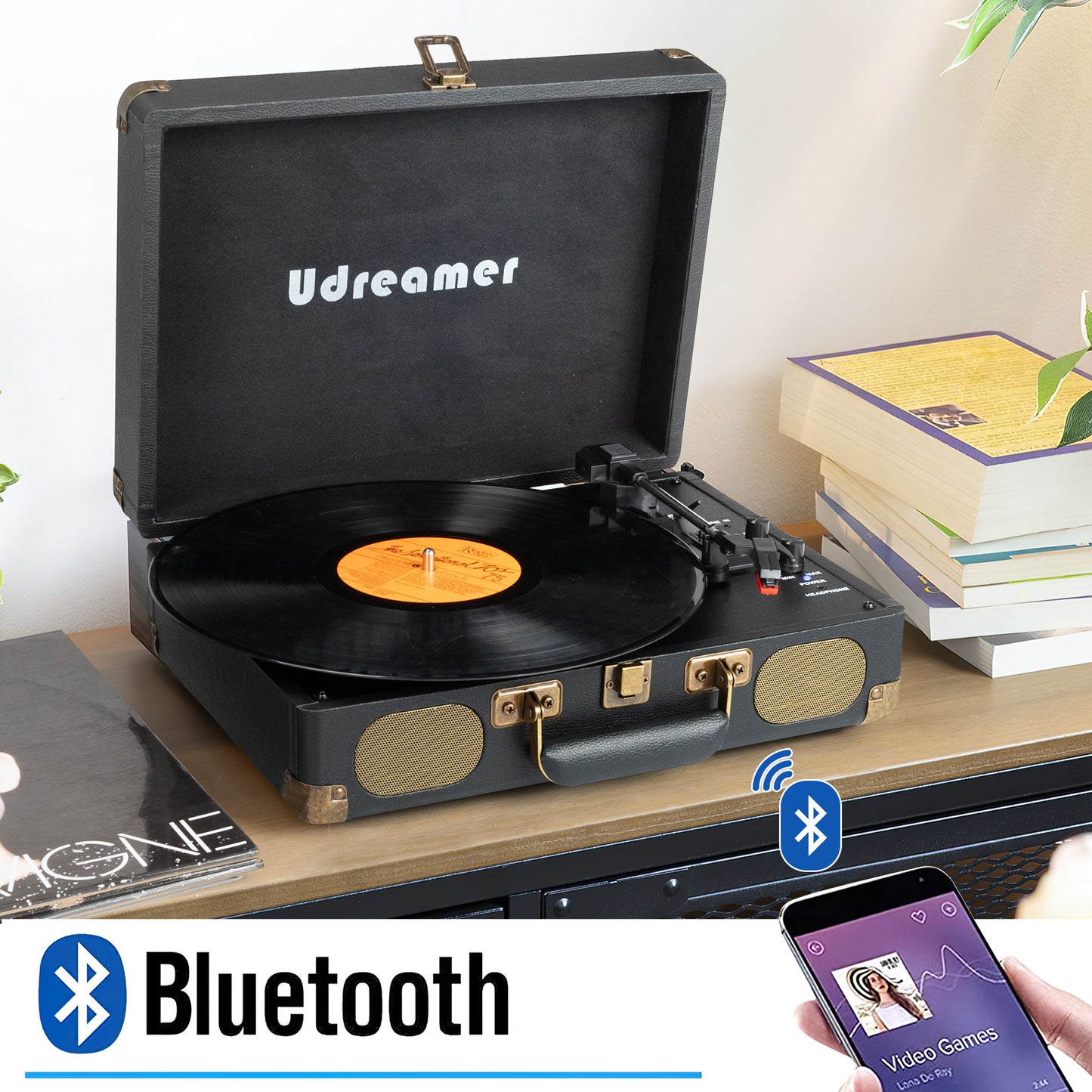 Udreamer Vinyl Record Player Turntable with Bluetooth,3-Speed Portable Vintage Audio Turntables,Black