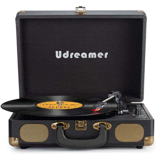 Udreamer Vinyl Record Player 3-Speed Turntable with Bluetooth,Suitcase Portable Vintage Audio Turntables,Black