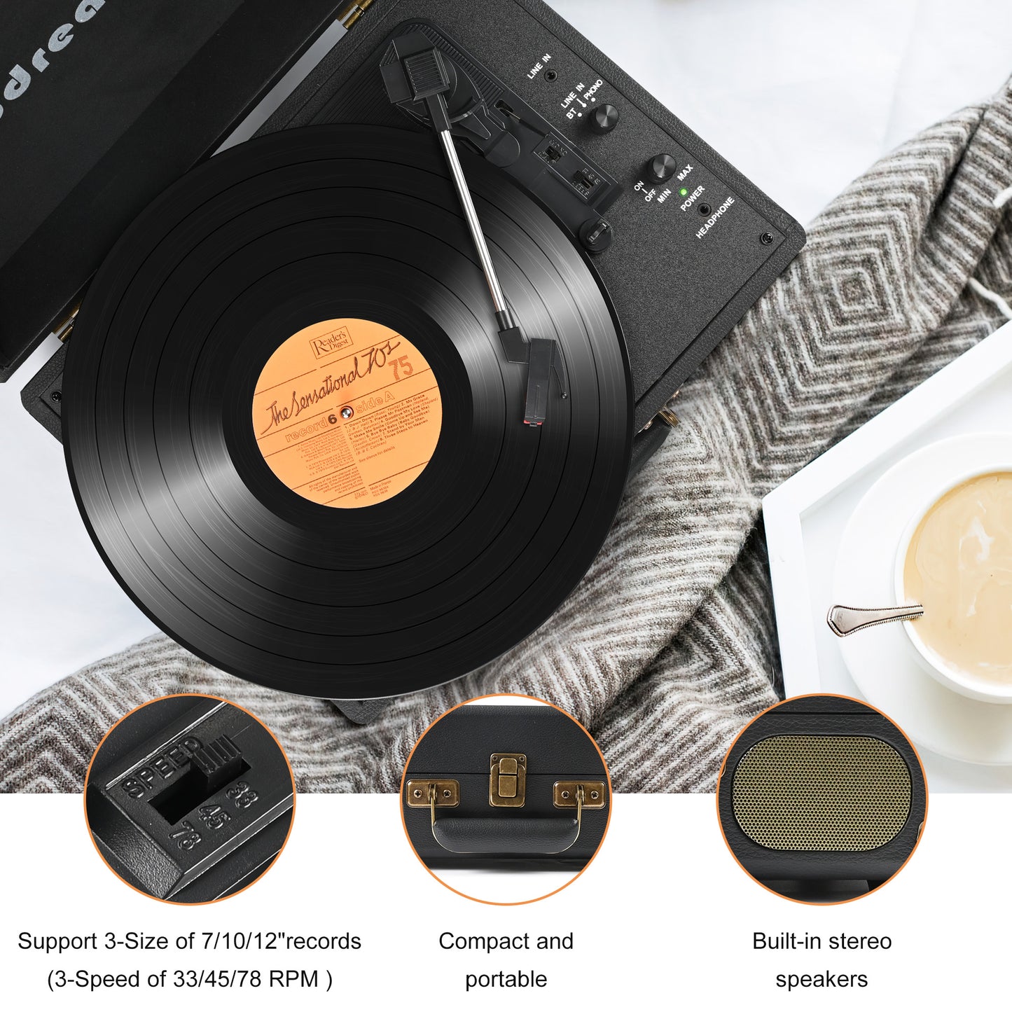 Udreamer Vinyl Record Player Turntable with Bluetooth,3-Speed Portable Vintage Audio Turntables,Black
