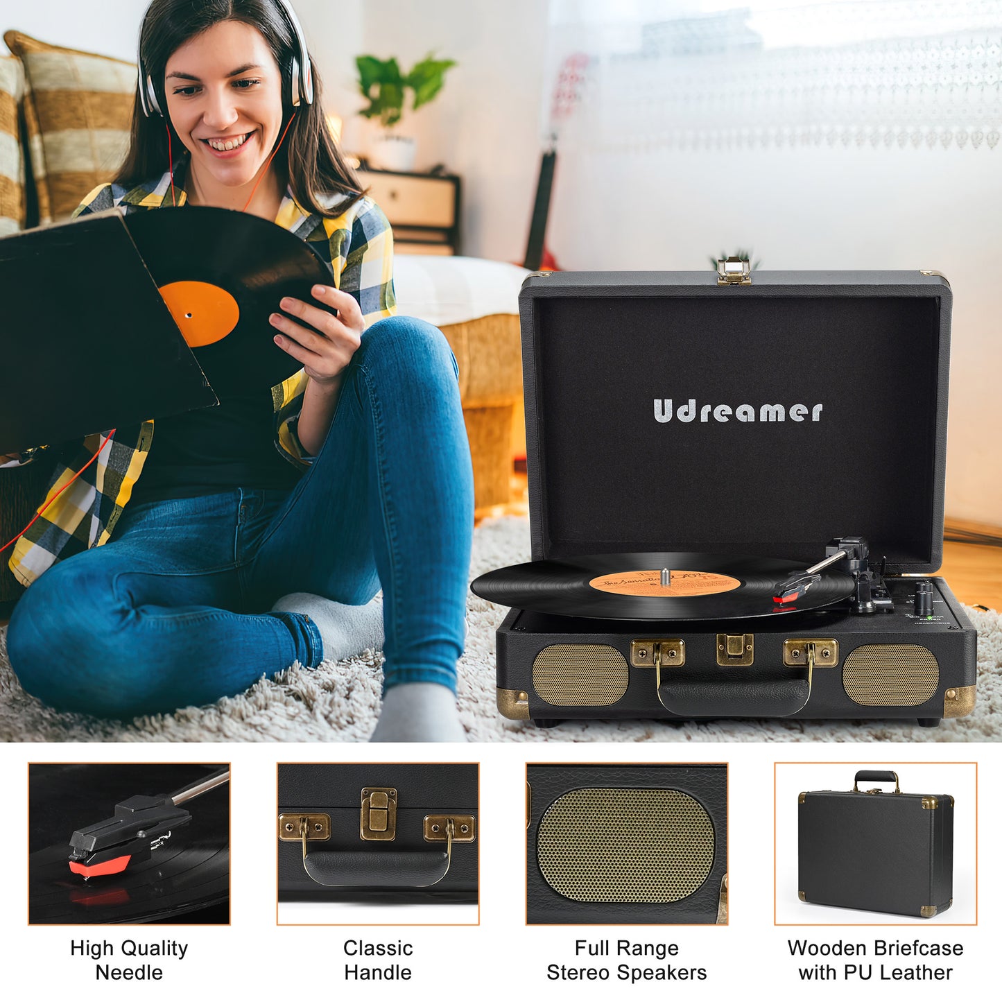 Udreamer Vinyl Record Player Turntable with Bluetooth,3-Speed Portable Vintage Audio Turntables,Black