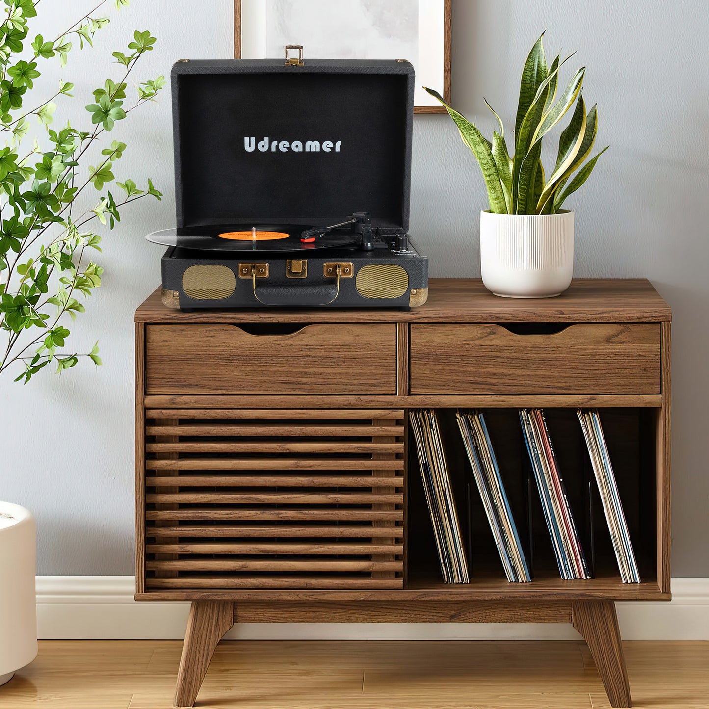 Udreamer Vinyl Record Player Turntable with Bluetooth,3-Speed Portable Vintage Audio Turntables,Black
