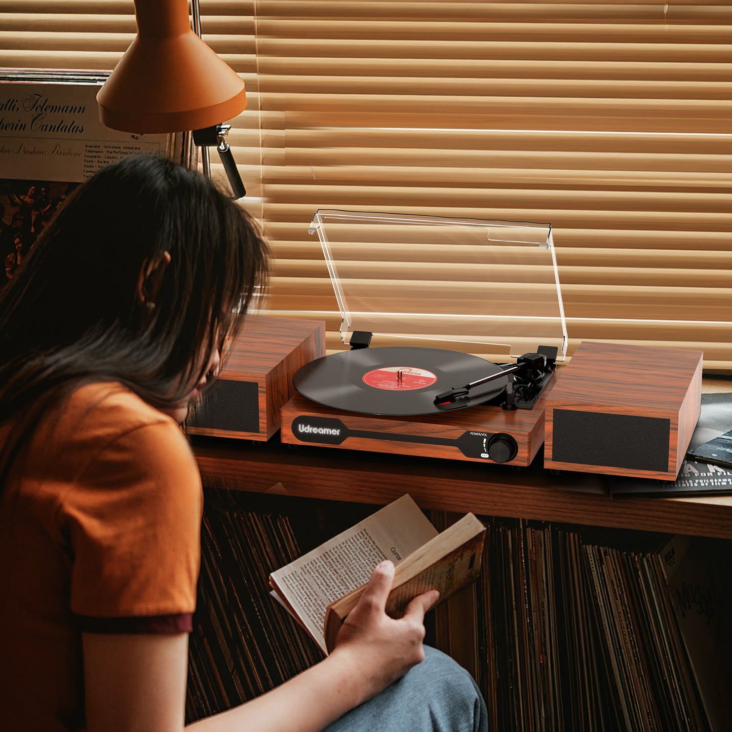 Udreamer Record Player,Vinyl Bluetooth Record player with speakers, Turntables for vinyl records, Brown,Lights Logo
