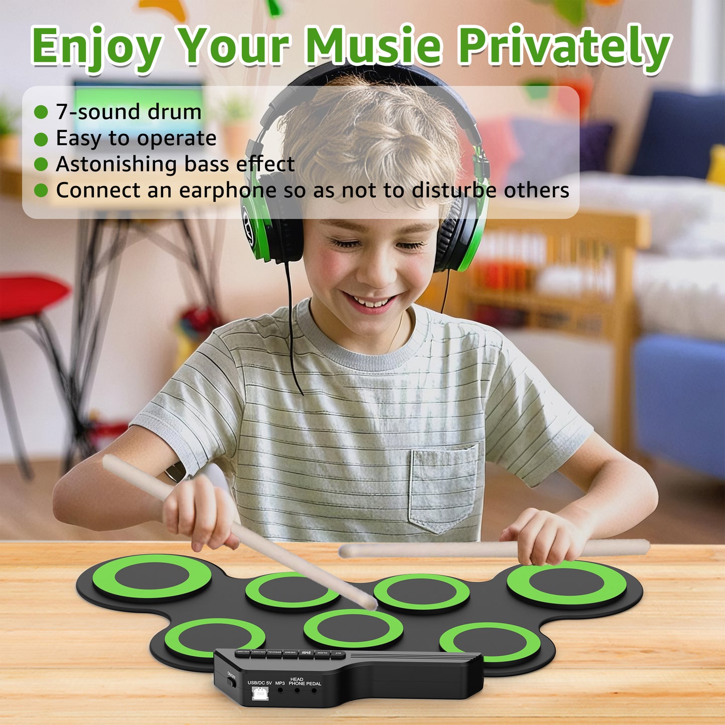 Udreamer Electronic Drum Set, 7-Pad Bluetooth Portable Electronic Drum Kit, Roll-Up Drum,Christmas Holiday Birthday Gift，Rainbow