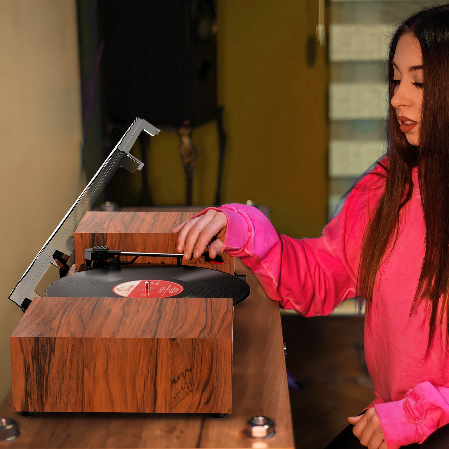 Udreamer Record Player,Vinyl Bluetooth Record player with speakers, Turntables for vinyl records, Brown,Lights Logo
